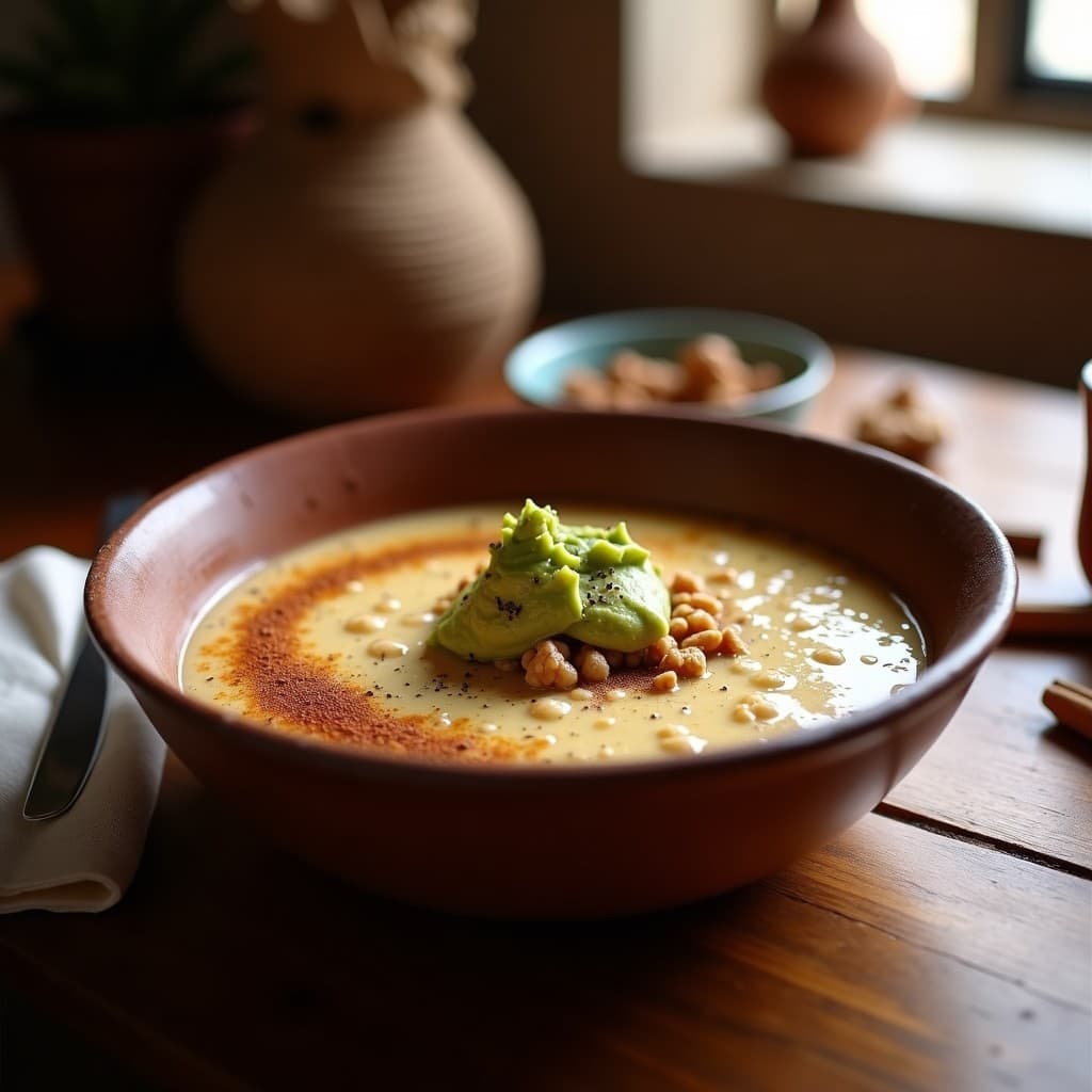Cuenco de barro con gachas de quinoa cremosas, leche de avena y canela, decoradas con nueces picadas, miel de agave y un toque de aguacate. Desayuno andino sin lactosa en un entorno rústico con fondo de madera.
