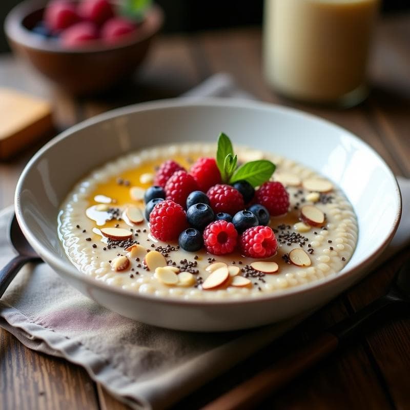 Bol blanco con gachas cremosas de quinoa, bañadas en leche de macadamia, coronadas con frutos rojos frescos, semillas de chía y almendras fileteadas. Fondos de madera rústica y cuchara de madera. Desayuno sin gluten y antiinflamatorio.