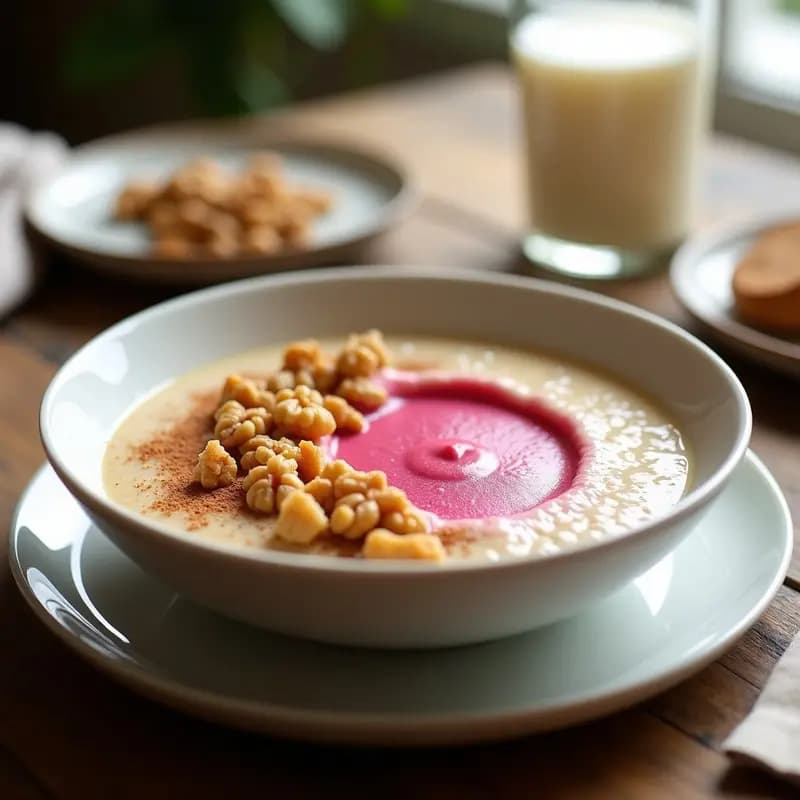 Bol de cerámica blanca con gachas cremosas de quinoa, cubiertas de puré de guayaba rosado y nueces troceadas, desayuno colombiano sin lactosa y alto en fibra.