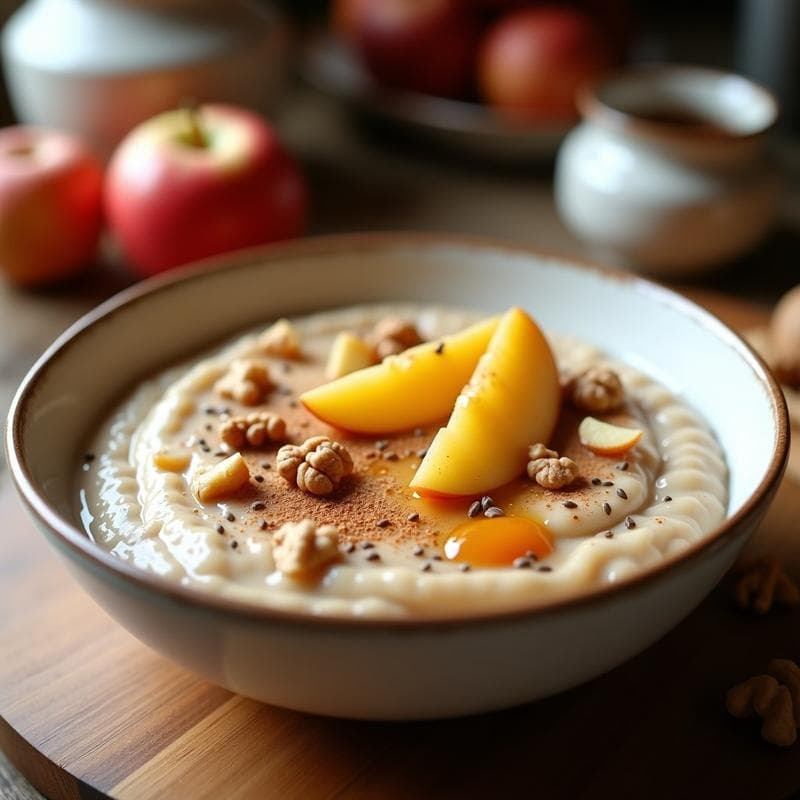 Bol hondo de cerámica blanca con gachas de teff cremosas, compota de manzana dorada y canela espolvoreada, decorado con nueces picadas y semillas de chía. Desayuno etíope sin gluten y antiinflamatorio en un fondo rústico de madera.