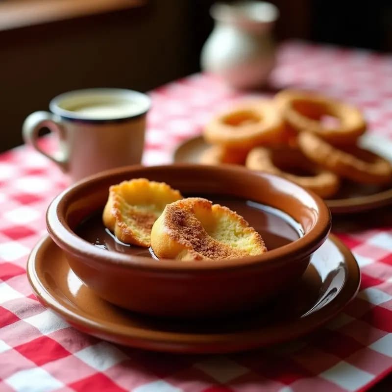 Plato hondo de barro con gachas tostadas (rebanadas de pan dorado) bañadas en chocolate espeso a la taza, acompañadas de churros crujientes espolvoreados con azúcar y canela. Desayuno tradicional madrileño servido sobre mantel de cuadros rojos y blancos.