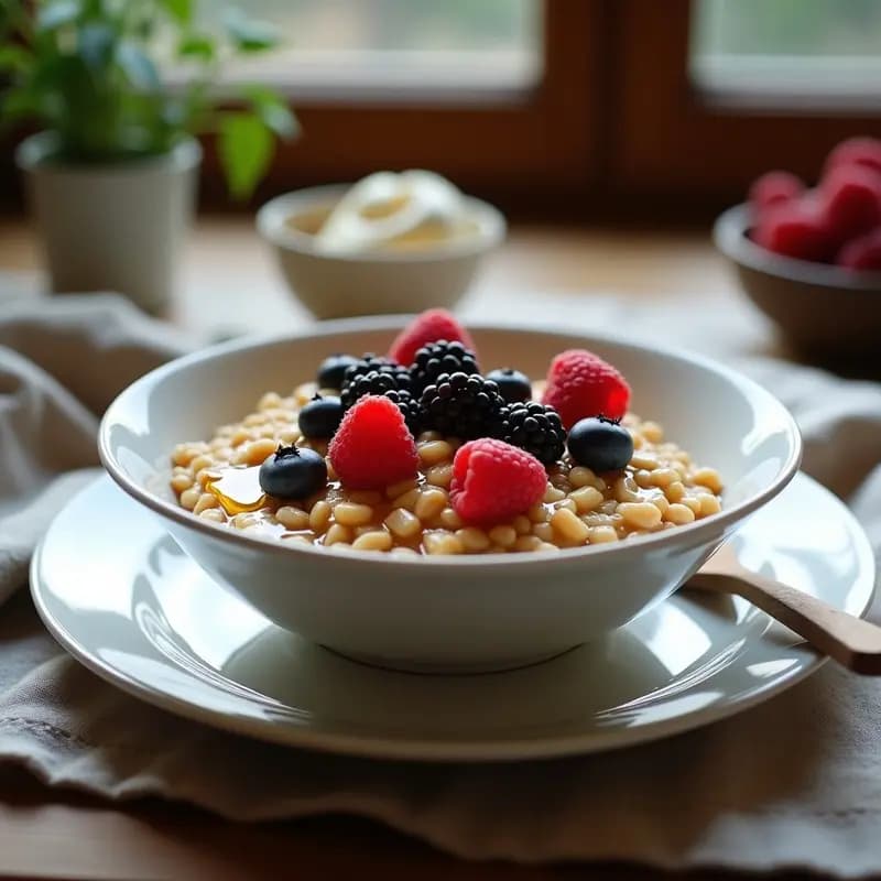 Cuenco de barro rústico con gachas de trigo rusas cremosas, cubiertas de frutos del bosque frescos (arándanos, frambuesas y moras), un hilo dorado de miel y nueces picadas, sobre una mesa de madera con fondo de tela de lino.