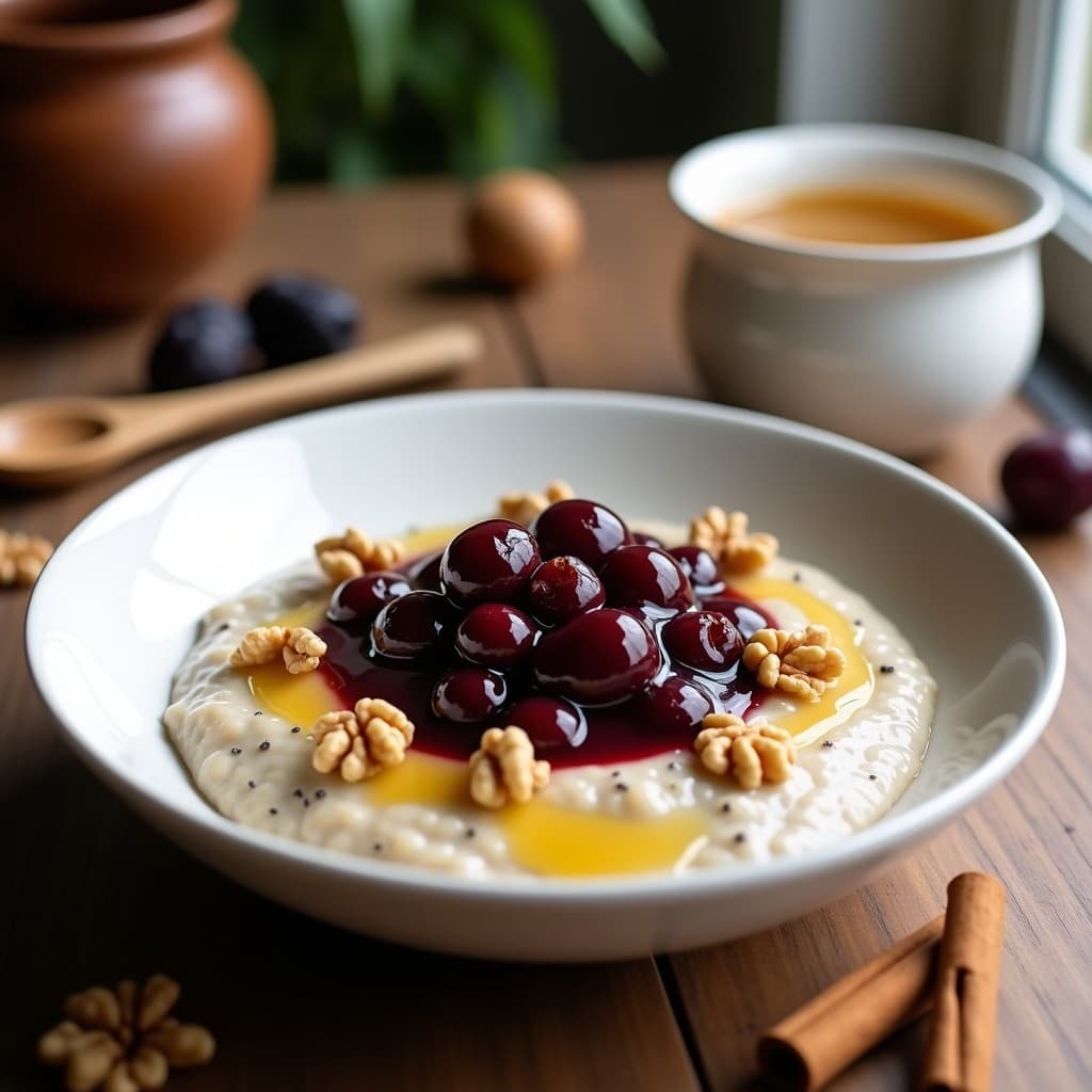 Bol de cerámica blanca con gachas cremosas de trigo sarraceno, cubiertas con compota espesa de ciruelas pasas, nueces picadas y un hilo de miel. Fondo rústico con cucharón de madera y especias al lado.