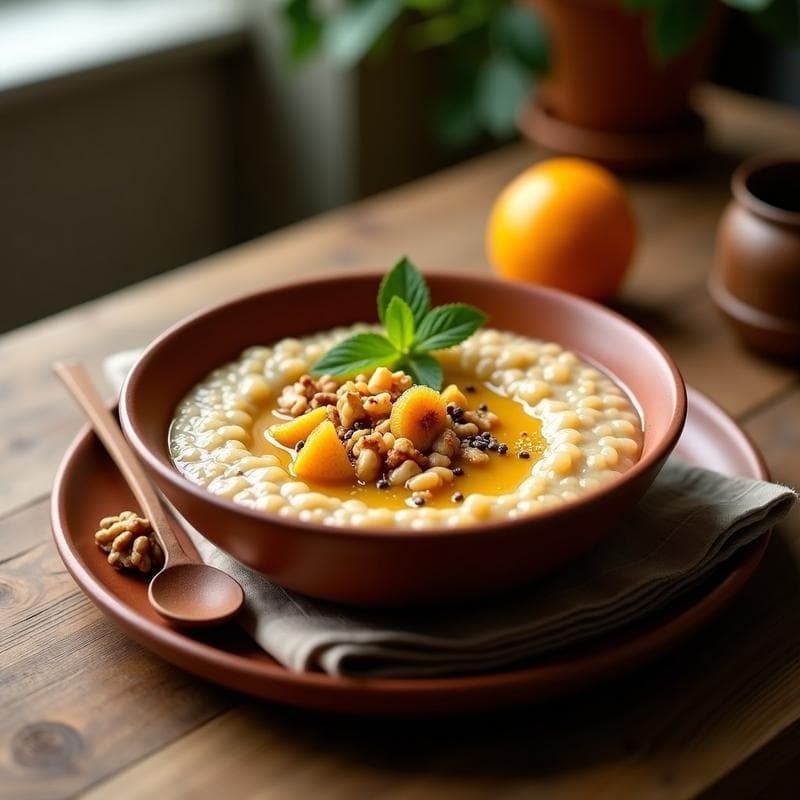 Bol de cerámica blanca con gachas de trigo sarraceno cremosas, cubiertas de compota de higos dorados, nueces picadas y semillas de chía. Fondo rústico con canela en rama y cáscara de naranja.