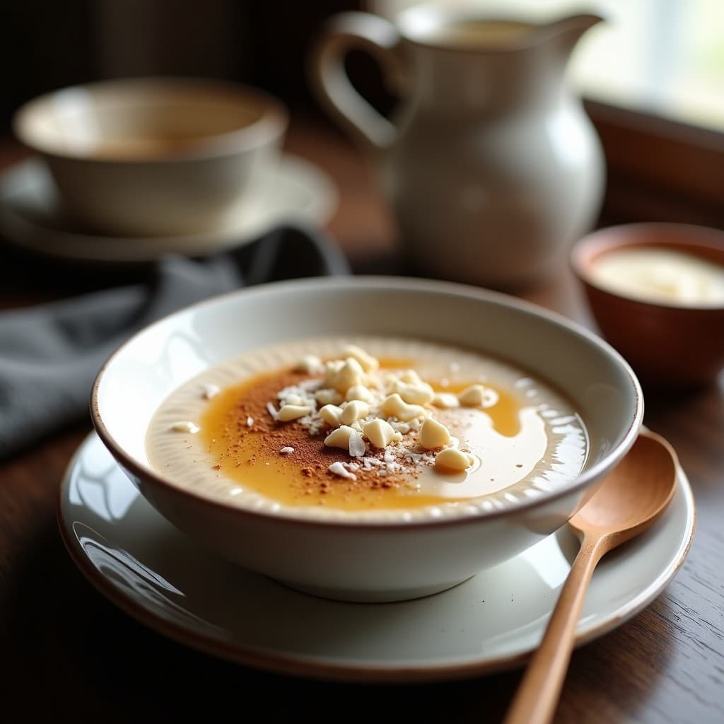 Bol de cerámica blanca con gachas cremosas de trigo sarraceno, bañadas en leche de anacardos, espolvoreadas con canela, coco rallado y nueces de macadamia picadas. Fondo rústico de madera con una cuchara de madera al lado.