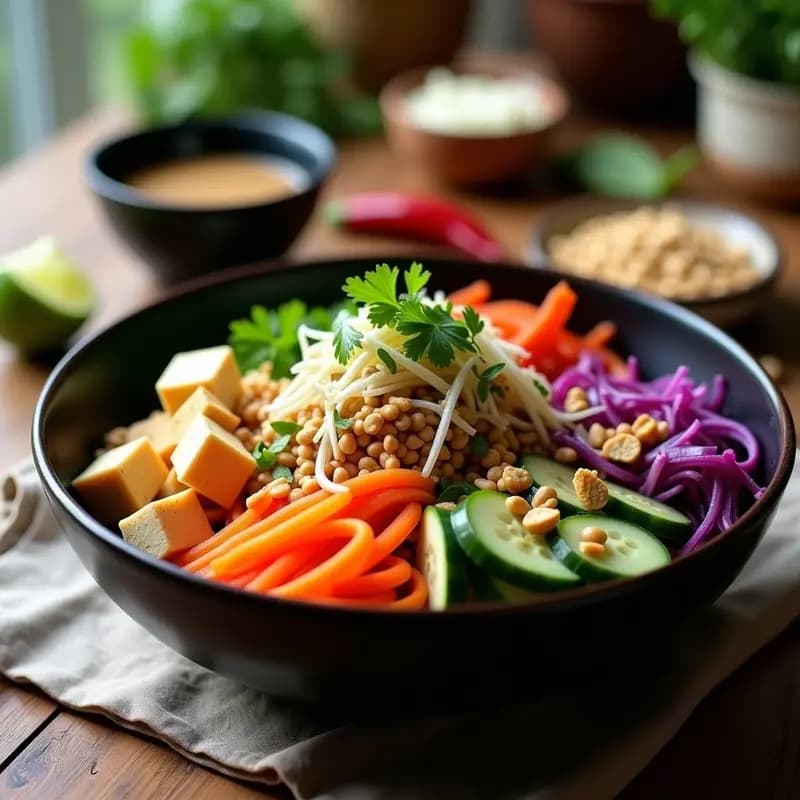 Ensalada Gado-Gado indonesio vegano con vegetales crudos coloridos, tofu dorado y salsa de cacahuete cremosa, decorada con cilantro y menta fresca en un bol de cerámica tradicional.
