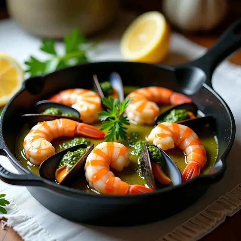 Plato elegante de Galatoire de mariscos con salsa de ajo y perejil, langostinos rosados, mejillones y almejas abiertos, bañados en una salsa verde brillante, servidos en cazuela de hierro fundido sobre mantel blanco.