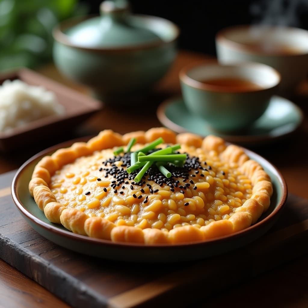 Galeta dorada y crujiente de arroz inflado con trozos de cacahuete, semillas de sésamo negro y cebollino fresco espolvoreado, sobre fondo rústico de madera. Snack chino keto sin gluten.