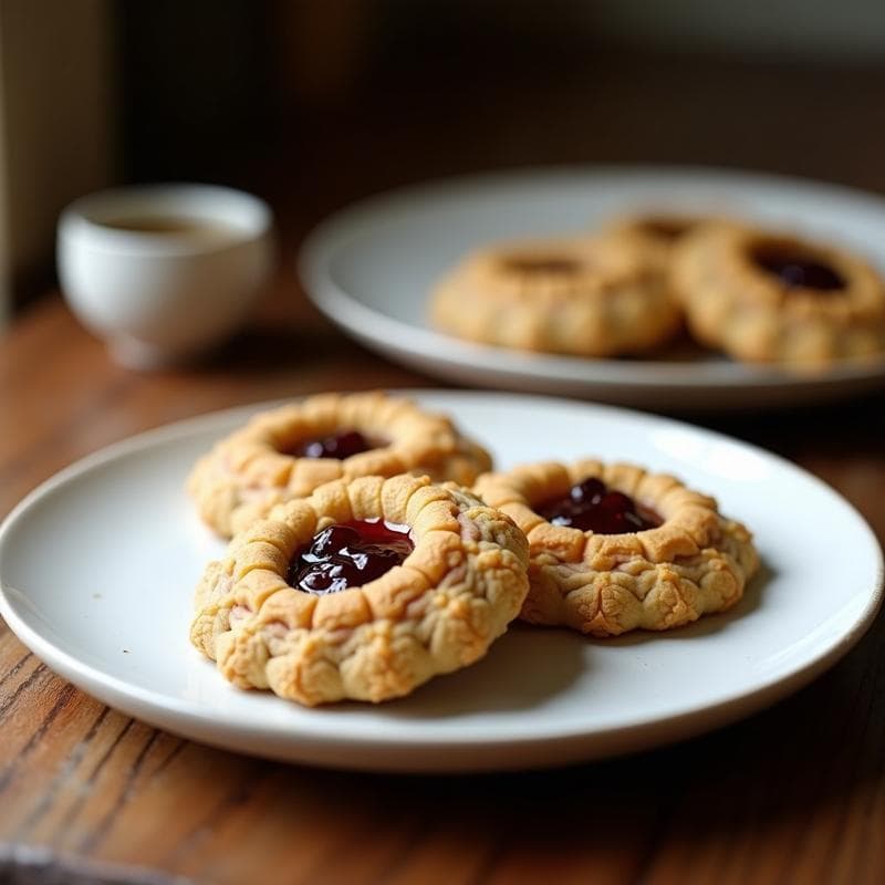 Galeta dorada de avena y semillas de cáñamo con un centro relleno de compota de ciruela umboshi, sobre un plato de cerámica blanca con fondo rústico de madera. Desayuno japonés sin azúcar.