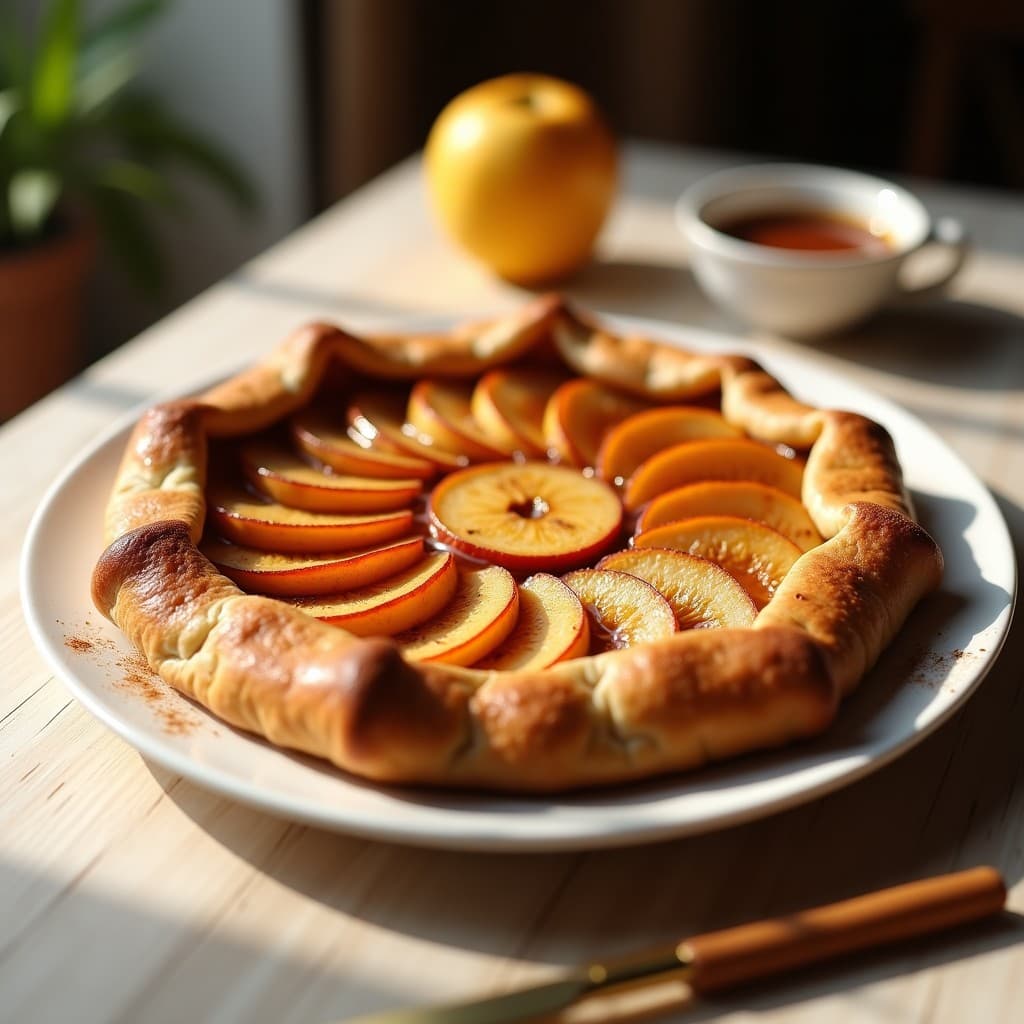 Galete breton dorada y crujiente con relleno de manzana y canela, servida en un plato blanco rústico con un toque de canela espolvoreada. Postre francés sin gluten tradicional.