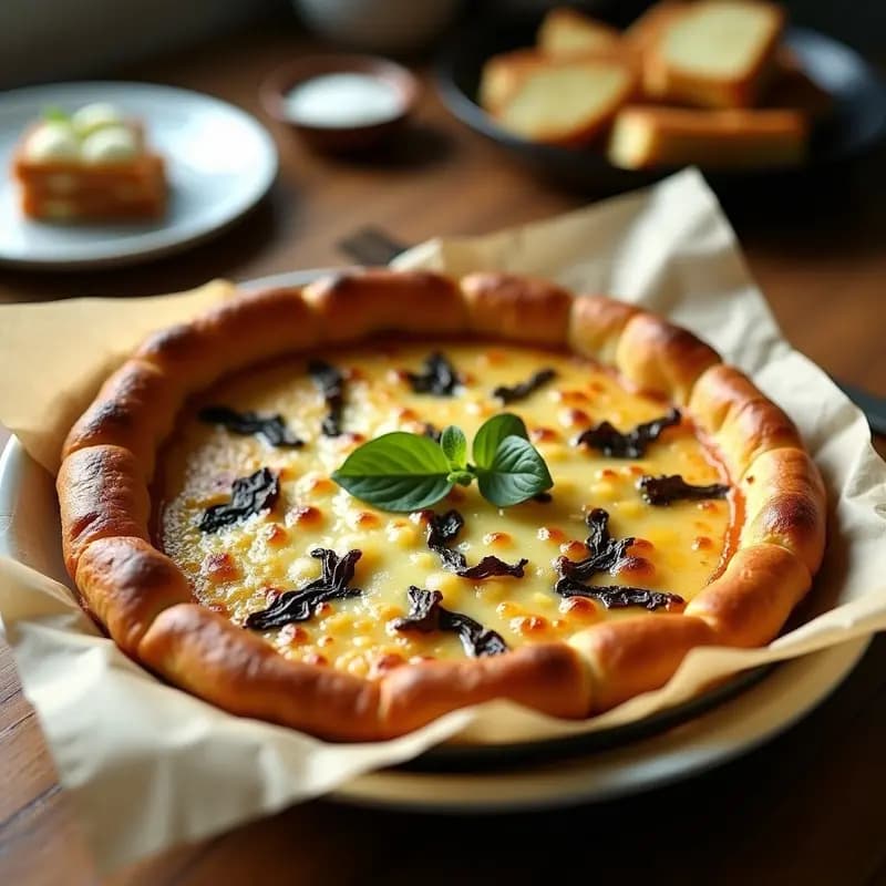 Galette dorada y crujiente de algas y queso de cabra sobre papel de horno, con textura laminada y bordes perfectamente cocinados en airfryer, receta francesa sin gluten.
