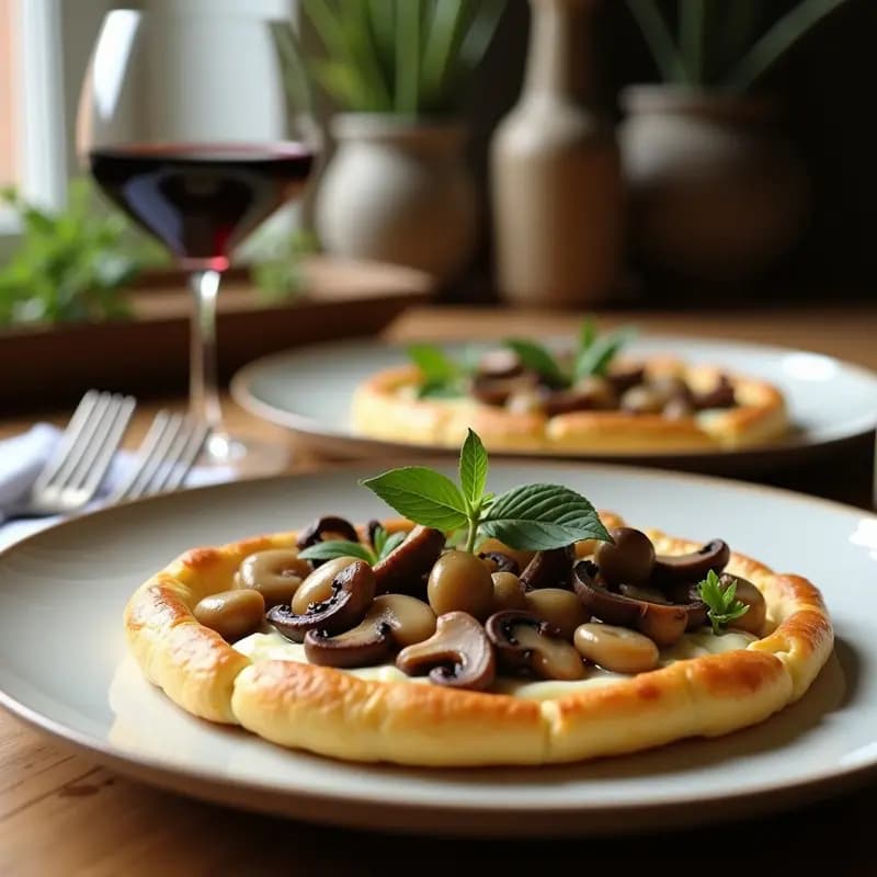 Galette Bretonne dorada y crujiente con relleno de champiñones portobello salteados y queso de cabra fundido, decorada con crunch de nueces pecanas y miel, servida sobre plato de barro rústico con ensalada verde al lado. Receta francesa salada y crujiente.