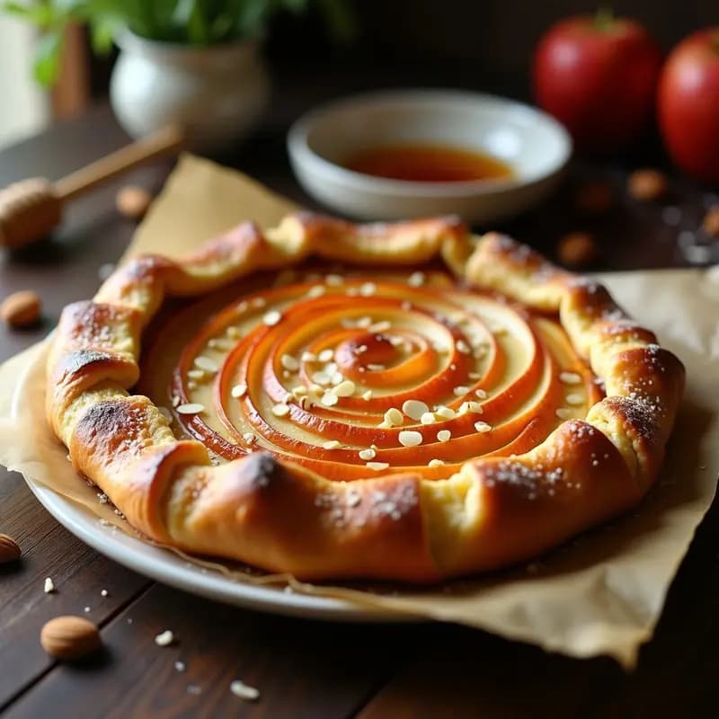 Galette bretonne dorada con bordes rústicos, rellena de láminas de manzana verde y trozos de queso brie fundente, decorada con almendra laminada tostada y un hilo de miel de romero brillante, sobre fondo de madera oscura.