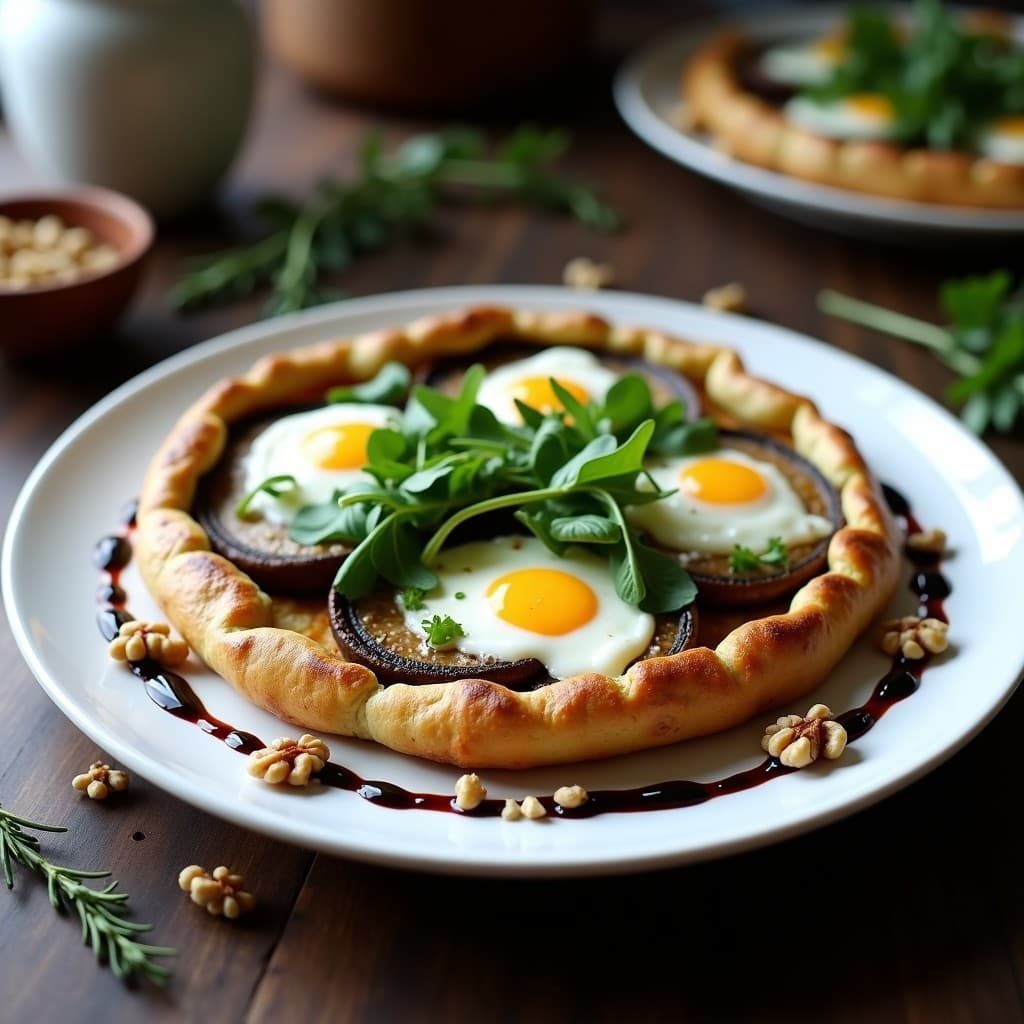 Galette francesa sin masa con champiñones portobello asados rellenos de crema de huevo, queso de cabra derretido, rúcula fresca y nueces tostadas, servida en plato blanco con vinagreta de balsámico.