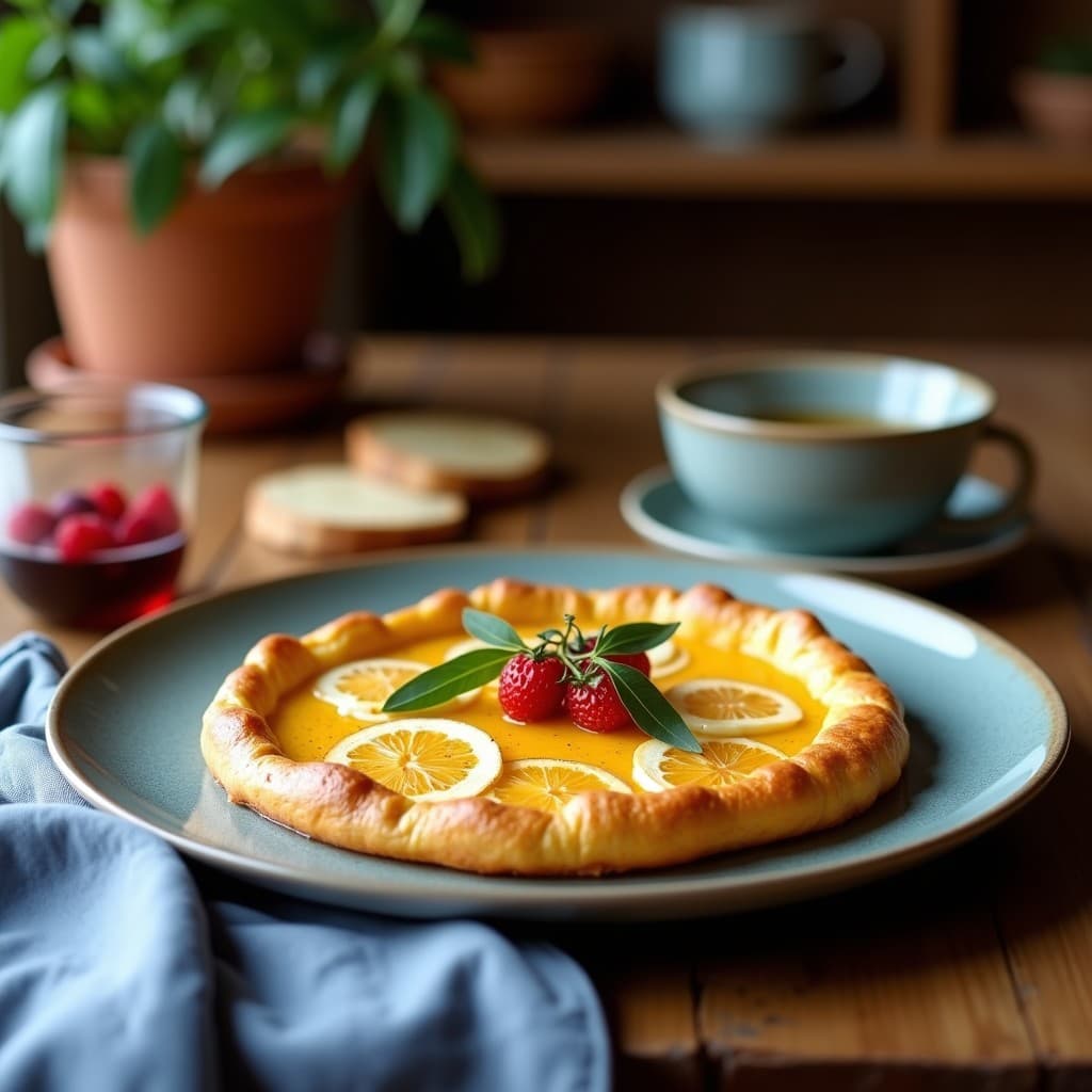 Galette de coliflor dorada con trozos de queso azul desmenuzado, cebolla morada caramelizada y vetas de mermelada de higos negros sobre fondo rústico de madera, receta francesa sin masa y alta en fibra.