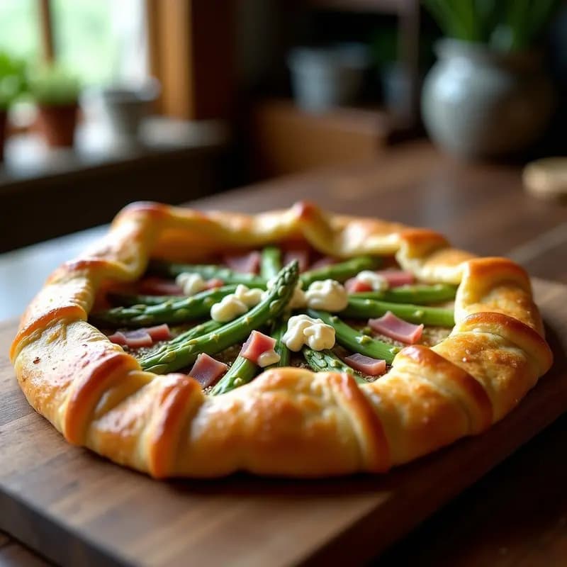 Galette francesa rústica con base de masa quebrada dorada, rellena de crema de ajo negro, espárragos blancos en bastones y taquitos de jamón serrano, decorada con almendras fileteadas tostadas y tomillo fresco.