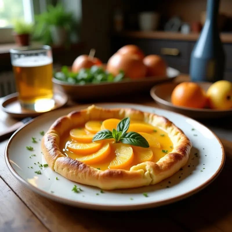 Galette bretonne dorada con bordes rústicos, rellena de láminas de manzana Granny Smith asadas, queso de cabra desmenuzado y bañada en caramelo salado brillante. Postre francés sin azúcar sobre bandeja de madera con fondo difuminado.
