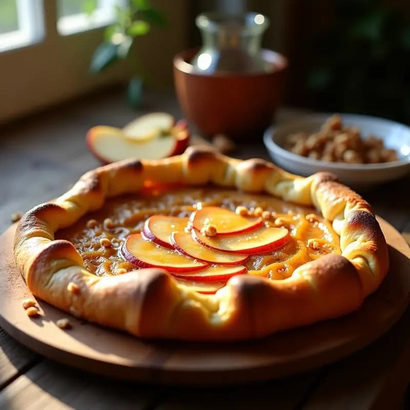 Galette bretón dorada sobre bandeja de madera rústica, con masa de almendra crujiente, láminas de manzana caramelizadas y rodajas de queso de cabra gratinado. Postre francés sin azúcar con toques de nueces picadas y canela.