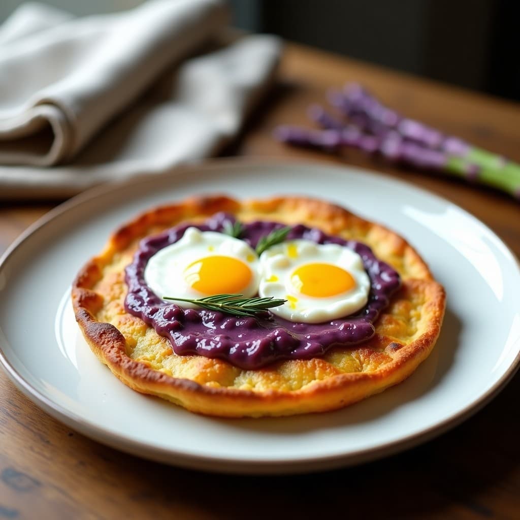 Plato blanco elegante con gallette de sarrasin dorada y crujiente, cubierta de crema de espárragos morados de color violeta intenso, coronada con dos huevos pochés de yema líquida y un hilo de aceite de oliva virgen extra. Desayuno francés sin gluten gourmet.