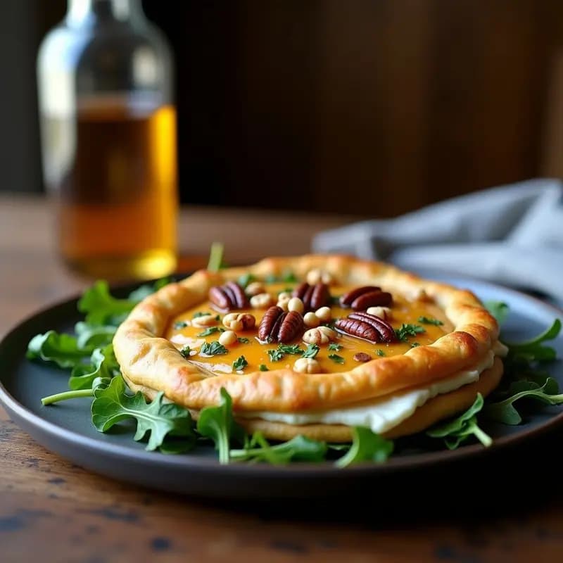 Galette de trigo sarraceno dorada y crujiente doblada por la mitad, rellena de queso de cabra desmenuzado, cebolla morada salteada y nueces pecanas, con un hilo de miel de tomillo brillando bajo la luz. Servida sobre un lecho de rúcula baby en un plato de cerámica rústica.