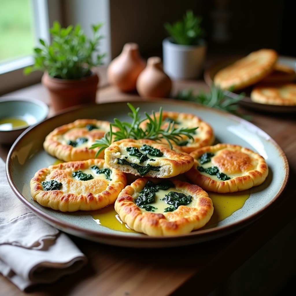 Galettes doradas de alforfón rellenas de espinacas frescas y queso de almendras cremoso, servidas en un plato de cerámica rústica con hierbas frescas y un toque de aceite de oliva virgen extra.