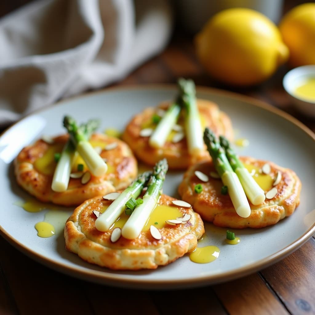 Plato blanco con cuatro galettes de almendra doradas, rellenas de espárragos blancos y cebolla morada, decoradas con eneldo fresco y zesta de limón. Vinagreta de limón en tarro pequeño al lado, sobre fondo de madera rústica.