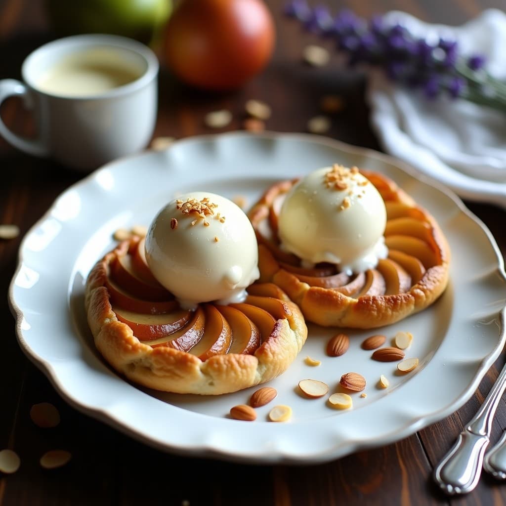Galettes de almendra doradas y crujientes con láminas de pera caramelizada dispuestas en espiral, servidas en un plato blanco rústico con una bola de helado de vainilla vegano encima y almendras fileteadas tostadas. Postre francés sin gluten y vegano, elegante y apetitoso.