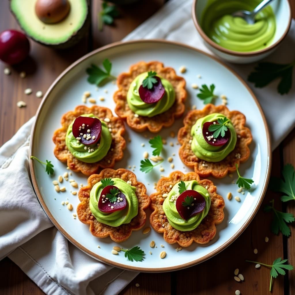 Galettes doradas de avena y remolacha dispuestas en un plato blanco rústico, con crema de aguacate verde brillante, decoradas con semillas de sésamo, rúcula y rodajas de remolacha cruda. Entrante francés vegano sin harina.