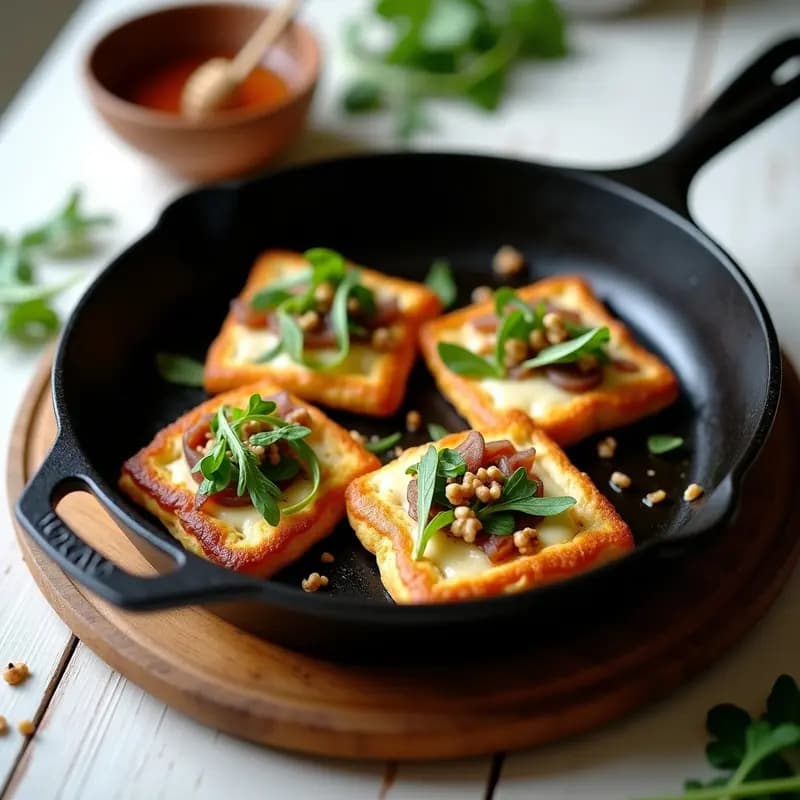 Galettes bretonas doradas y crujientes en sartén de hierro, cubiertas con rodajas de queso de cabra cremoso, rúcula fresca, nueces picadas y un hilo de miel de brezo, aperitivo francés gourmet.