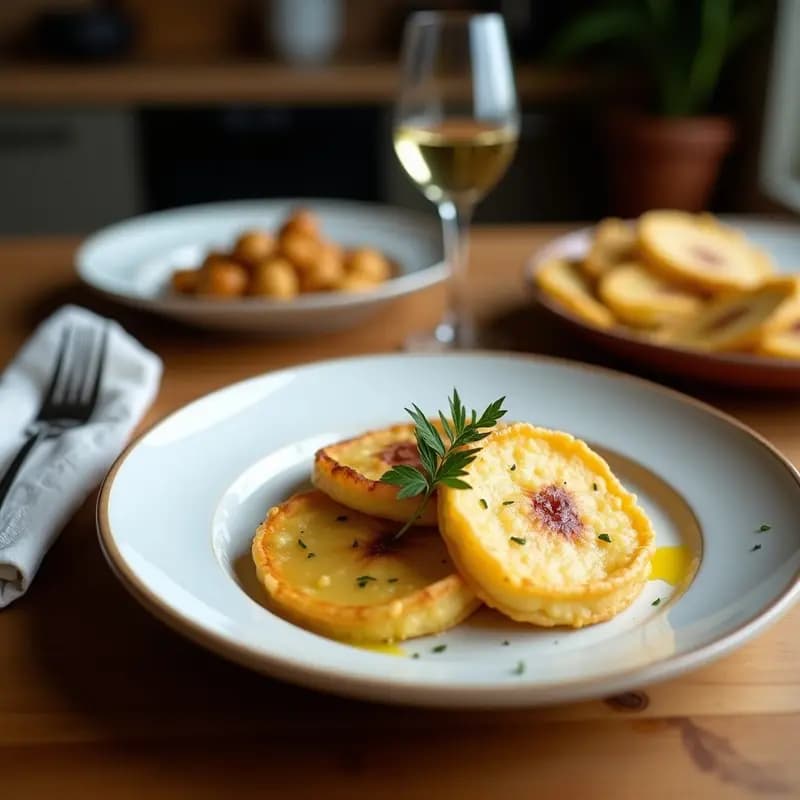 Galettes de dátiles y nueces con queso de cabra, postre francés sin harina, servidas en bandeja rústica con dorado brillante y trozos de nuez visibles.