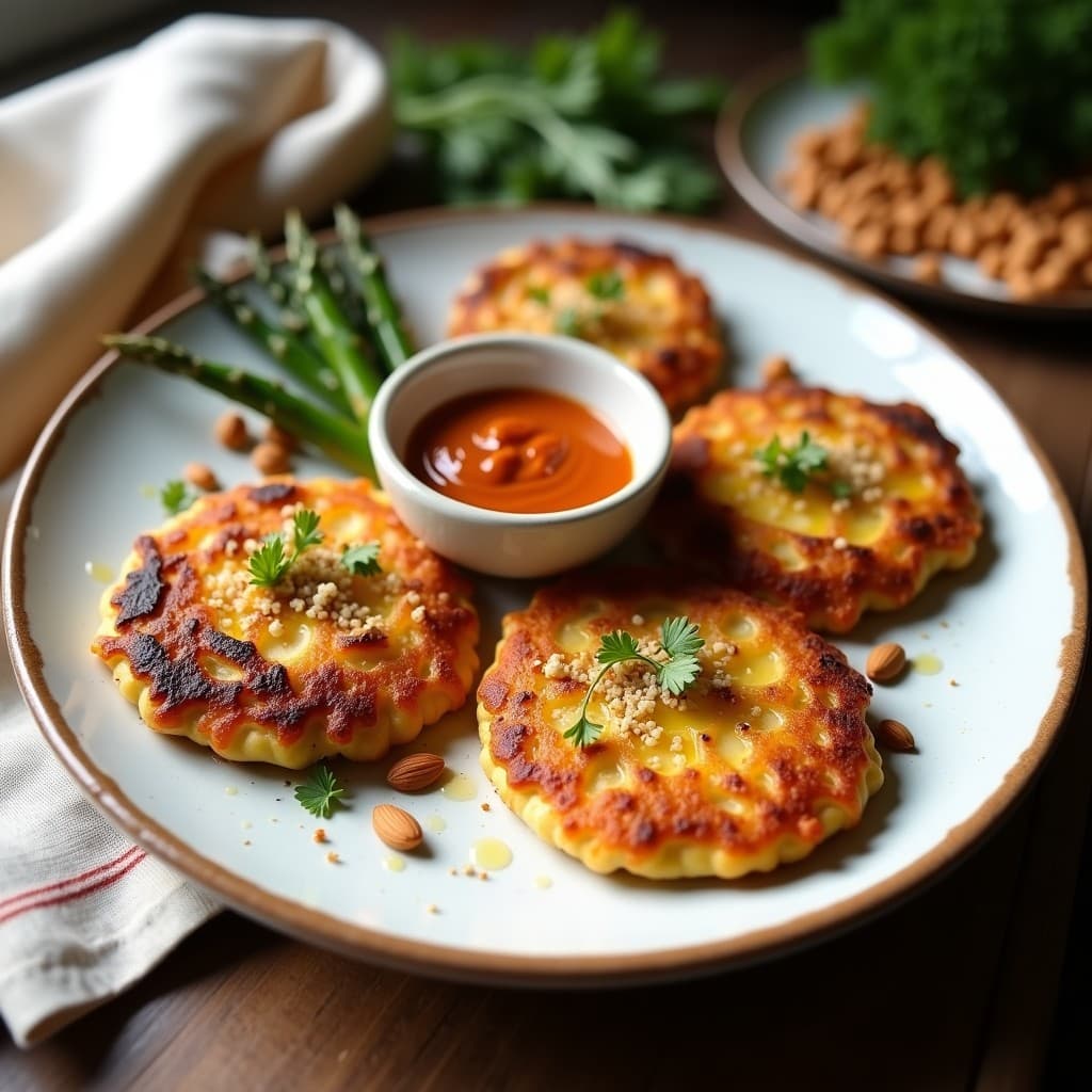 Galettes doradas de garbanzo con espárragos trinidad asomando, servidas sobre plato de barro con salsa romesco de almendras cremosa y decoradas con puntas de espárrago. Receta española sin gluten en airfryer.