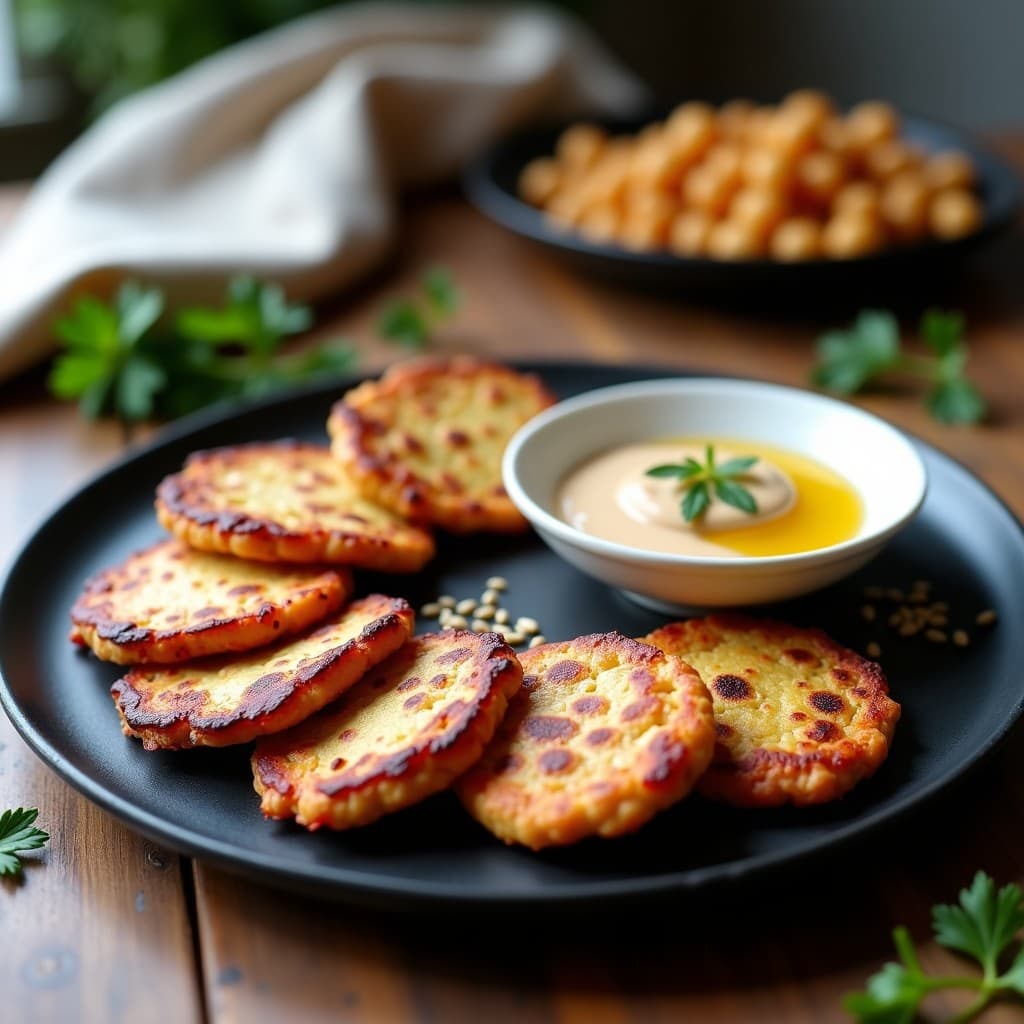 Plato de pizarra con seis galettes doradas de garbanzo y remolacha, crujientes por fuera y suaves por dentro, acompañadas de un dip cremoso de tahini en un bol pequeño. Decoradas con semillas de sésamo y hojas de perejil fresco sobre un fondo rústico de madera.