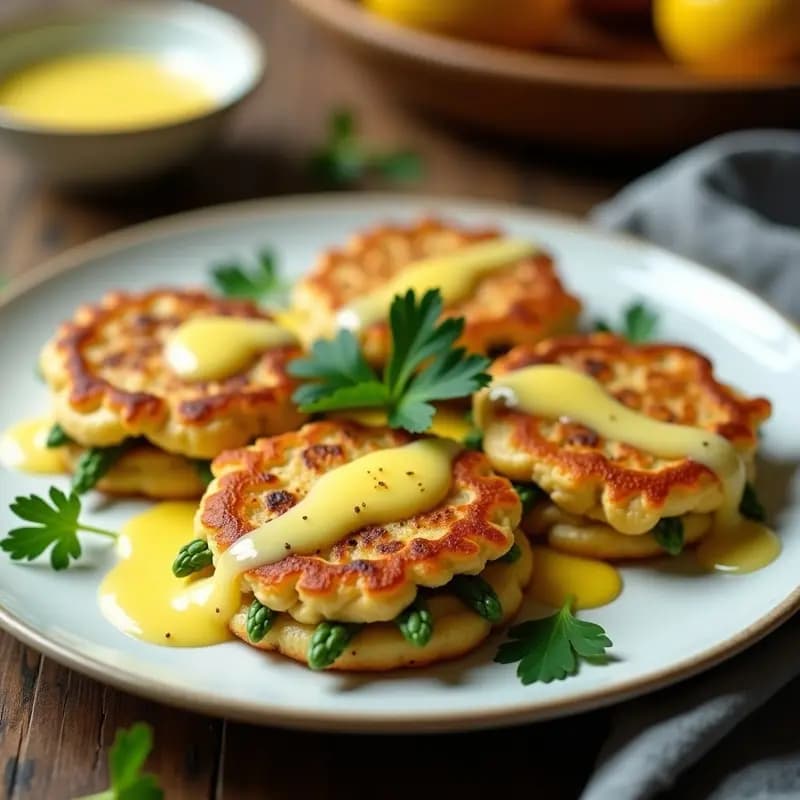 Galettes doradas y crujientes de garbanzos con trozos de espárragos verdes asomando, servidas en un plato blanco con salsa de limón confitado brillante y perejil fresco espolvoreado, receta francesa vegana en airfryer.