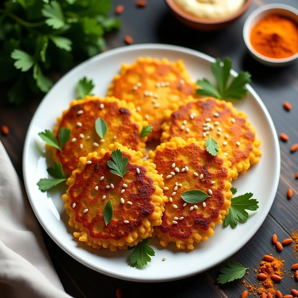 Galettes doradas y crujientes de lentejas corail y cúrcuma servidas en un plato blanco, con semillas de sésamo espolvoreadas y acompañadas de hojas de cilantro fresco. Receta francesa sin gluten en airfryer.