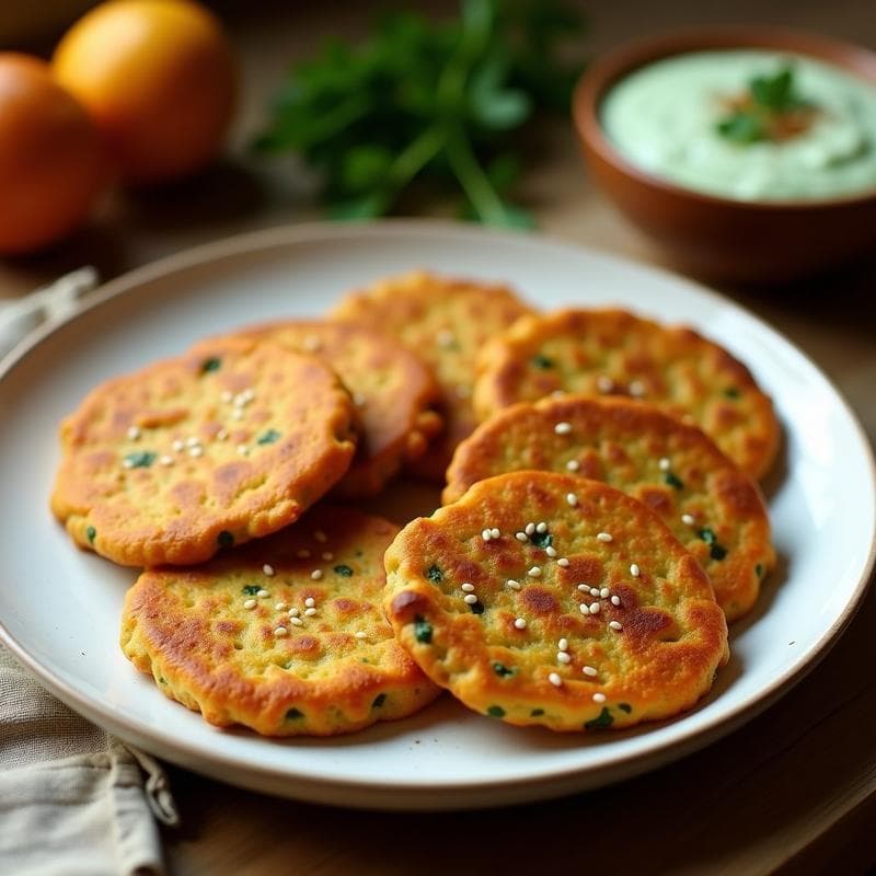 Galettes doradas y crujientes de lentejas rojas y espinacas servidas en plato blanco rústico, con semillas de sésamo visibles y acompañadas de dip de yogur verde, receta aperitivo indio sin gluten.