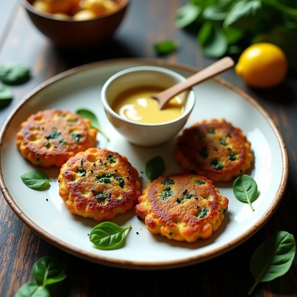 Plato blanco con dos galettes doradas de lentejas rojas y espinacas, crujientes por fuera y tiernas por dentro, servidas con una salsa cremosa de mostaza y miel espolvoreada con semillas de sésamo. Al fondo, hojas de espinaca fresca y un toque de limón para decorar.