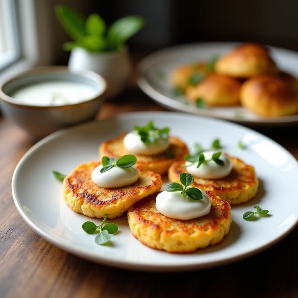 Plato blanco con galettes doradas de mijo y espinacas apiladas, acompañadas de un bol pequeño con dip de yogur de soja cremoso y decoradas con eneldo fresco. Receta de galettes de mijo y espinacas con dip de yogur de soja, entrante francés sin gluten.
