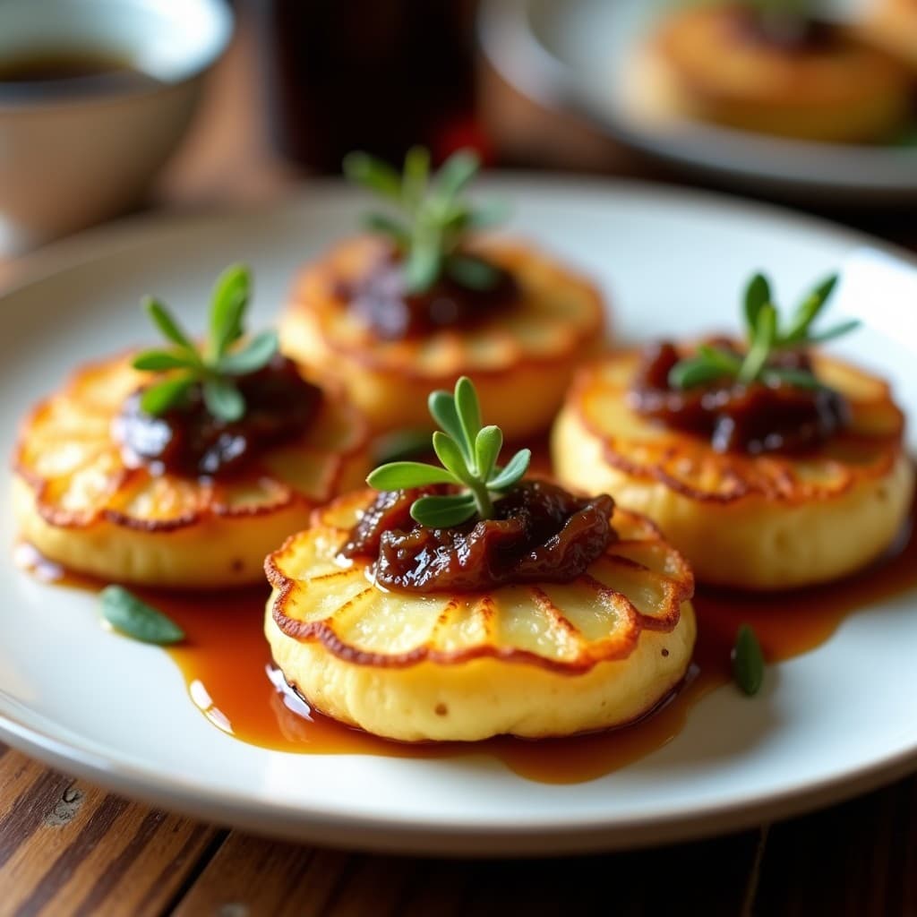 Galettes doradas y crujientes de patata en airfryer, rellenas de cebolla caramelizada oscura y queso de cabra cremoso, servidas en plato blanco con decoración de tomillo fresco y hilo de vinagre balsámico.