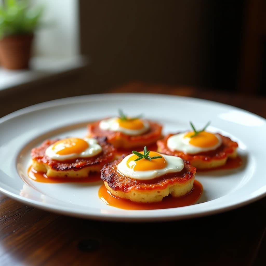 Plato blanco con dos galettes doradas de patata, cubiertas de salsa romesco rojiza y coronadas con huevos pochados de yema líquida, espolvoreadas con cebollino fresco y hierbas provenzales. Receta francesa en airfryer.