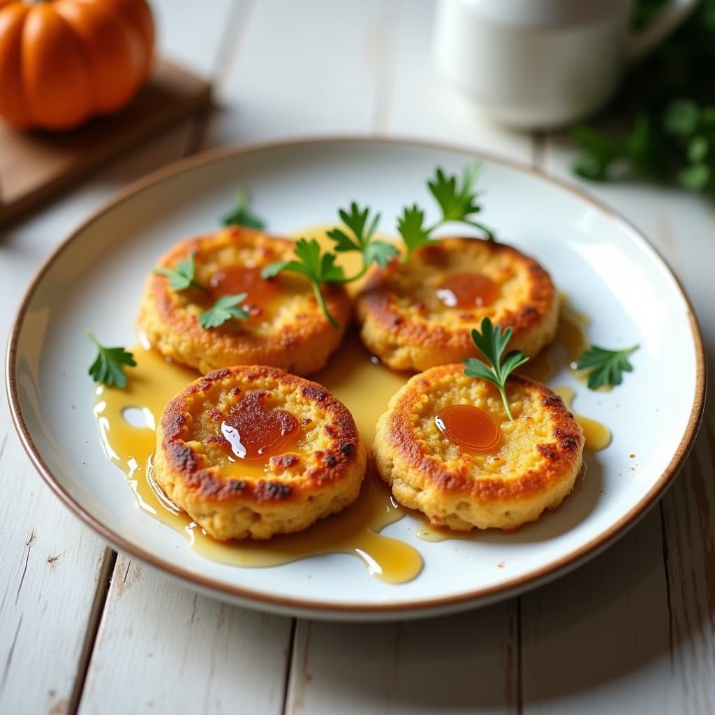 Plato rústico con cuatro galettes de quinoa y calabaza doradas, crujientes por fuera y húmedas por dentro, acompañadas de un hilo de miel de arce brillante y espolvoreadas con perejil fresco. Receta francesa vegana y sin gluten.