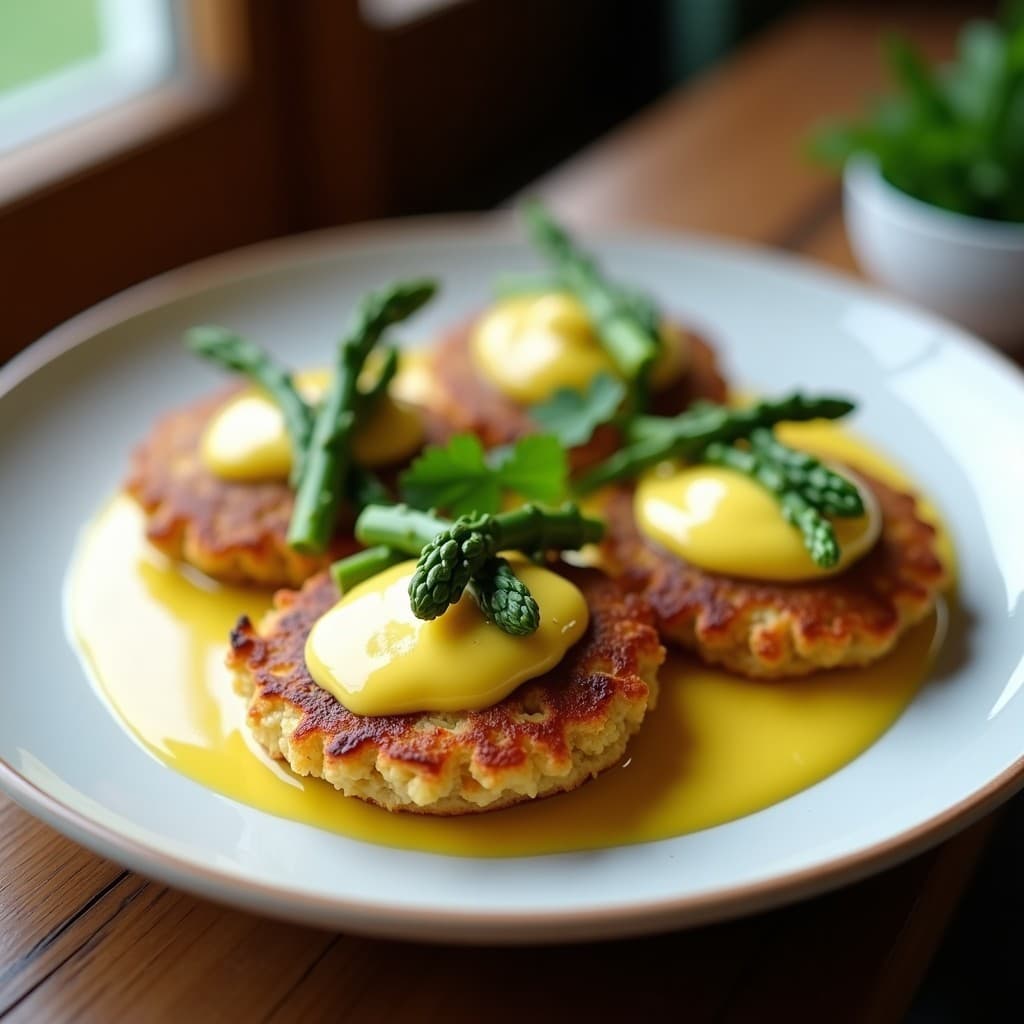 Galettes doradas de quinoa y espárragos con salsa holandesa vegana cremosa, servidas en un plato blanco con decoración de perejil fresco y puntas de espárrago, receta francesa sin gluten.