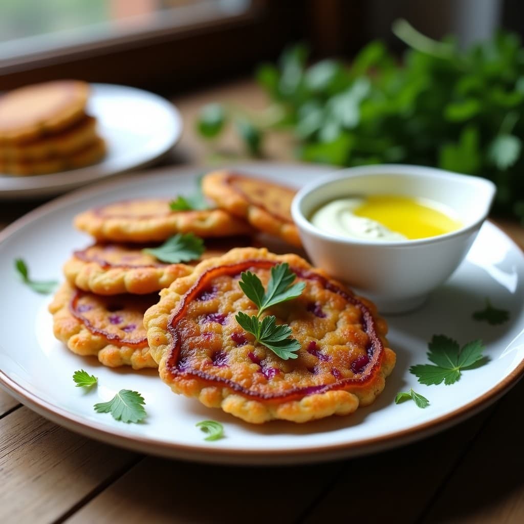 Plato de pizarra con 4 galettes de sarrín doradas y crujientes, decoradas con semillas de amapola, acompañadas de un cuenco de alioli de ajo negro cremoso y un fondo de zanahoria morada en rodajas. Receta sin gluten de entrante francés.