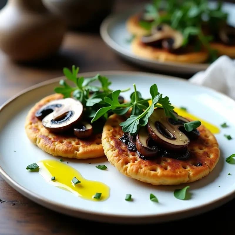Plato blanco con dos galettes de sarraceno doradas, cubiertas de láminas de hongos portobello jugosos y bañadas en crema de ajo negro sedosa. Acompañadas de rúcula fresca y cebollino picado, con un hilo de aceite de oliva brillante. Receta francesa sin gluten.