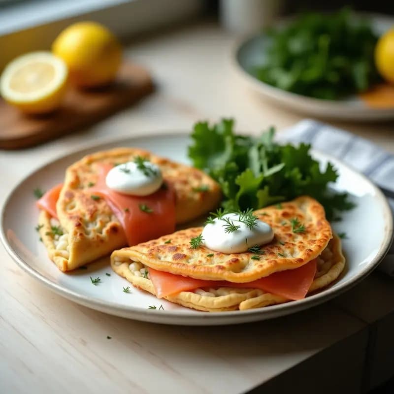 Plato blanco con galettes bretonas de sarraceno doradas, rellenas de salmón ahumado y crema de eneldo, decoradas con cebollino fresco y hojas de eneldo. Receta francesa sin gluten.