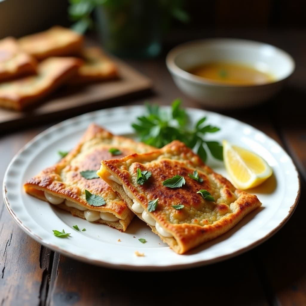 Plato rústico con dos galettes de sarrás doradas, rellenas de bacalao ahumado desmenuzado y cebolla morada, decoradas con perejil fresco. Receta bretona sin gluten en sartén.