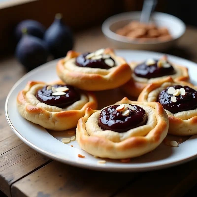 Galettes de Sarrás doradas y crujientes rellenas de compota de higos negros, con almendras fileteadas por encima, servidas en un plato rústico de cerámica sobre una mesa de madera con fondo borroso.