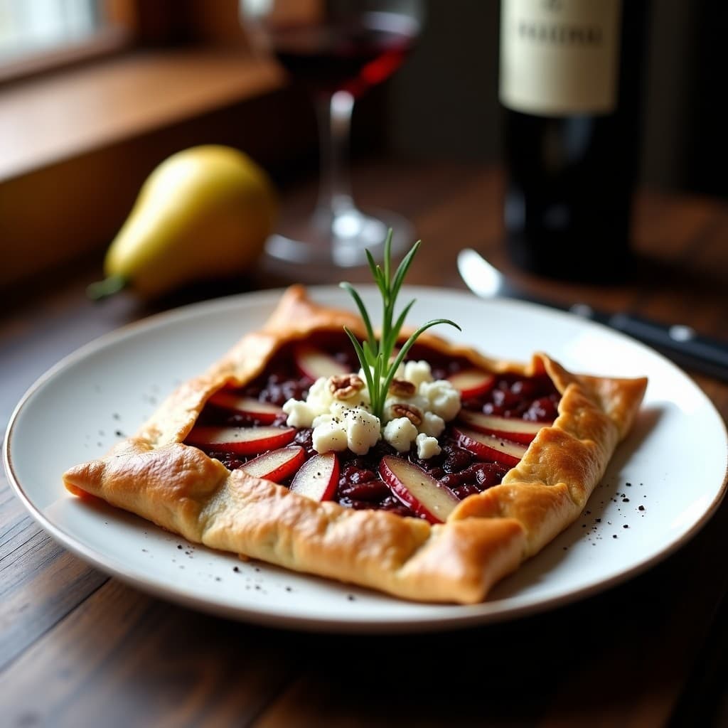 Galette de sarrasin dorada y crujiente rellena de peras caramelizadas en vino tinto, queso de cabra ahumado desmenuzado y nueces pecanas tostadas, servida en plato blanco con romero fresco.