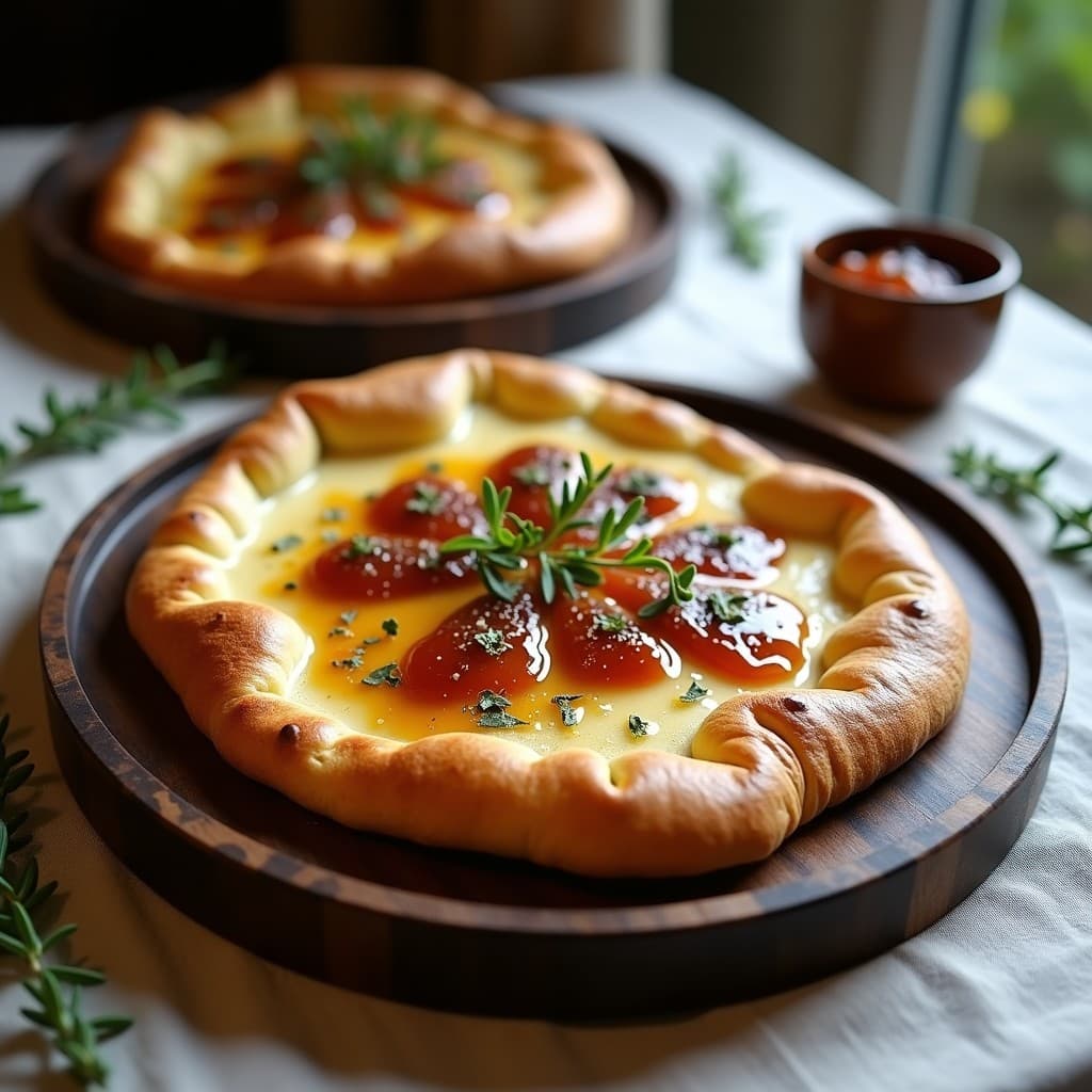 Galette de sarrasín dorada y crujiente rellena de queso de cabra cremoso y mermelada de cebolla brillante, servida en plato de madera rústico con hierbas frescas.