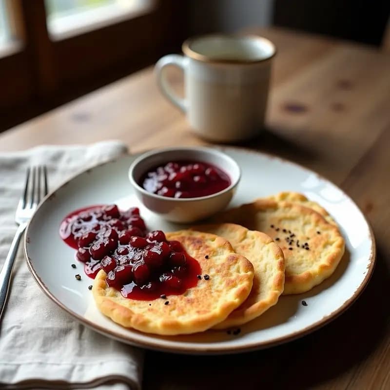 Plato blanco con galettes doradas de sorgo y semillas de amapola, acompañadas de compota de ciruela brillante y espolvoreadas con semillas. Desayuno francés sin gluten sobre fondo rústico de madera.