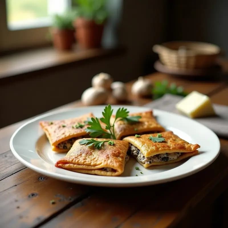 Galettes doradas de trigo negro rellenas de hongos portobello y queso azul, servidas en un plato blanco con perejil fresco y fondo rústico de madera.